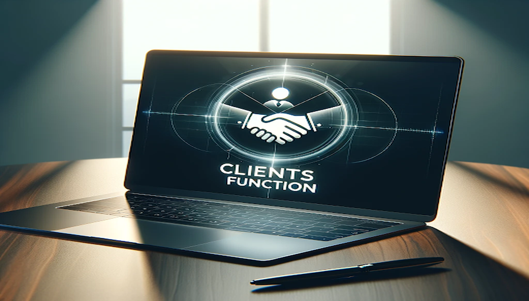 a laptop with the words 'clients fucntion' on the screen representing Martide's maritime crew management software