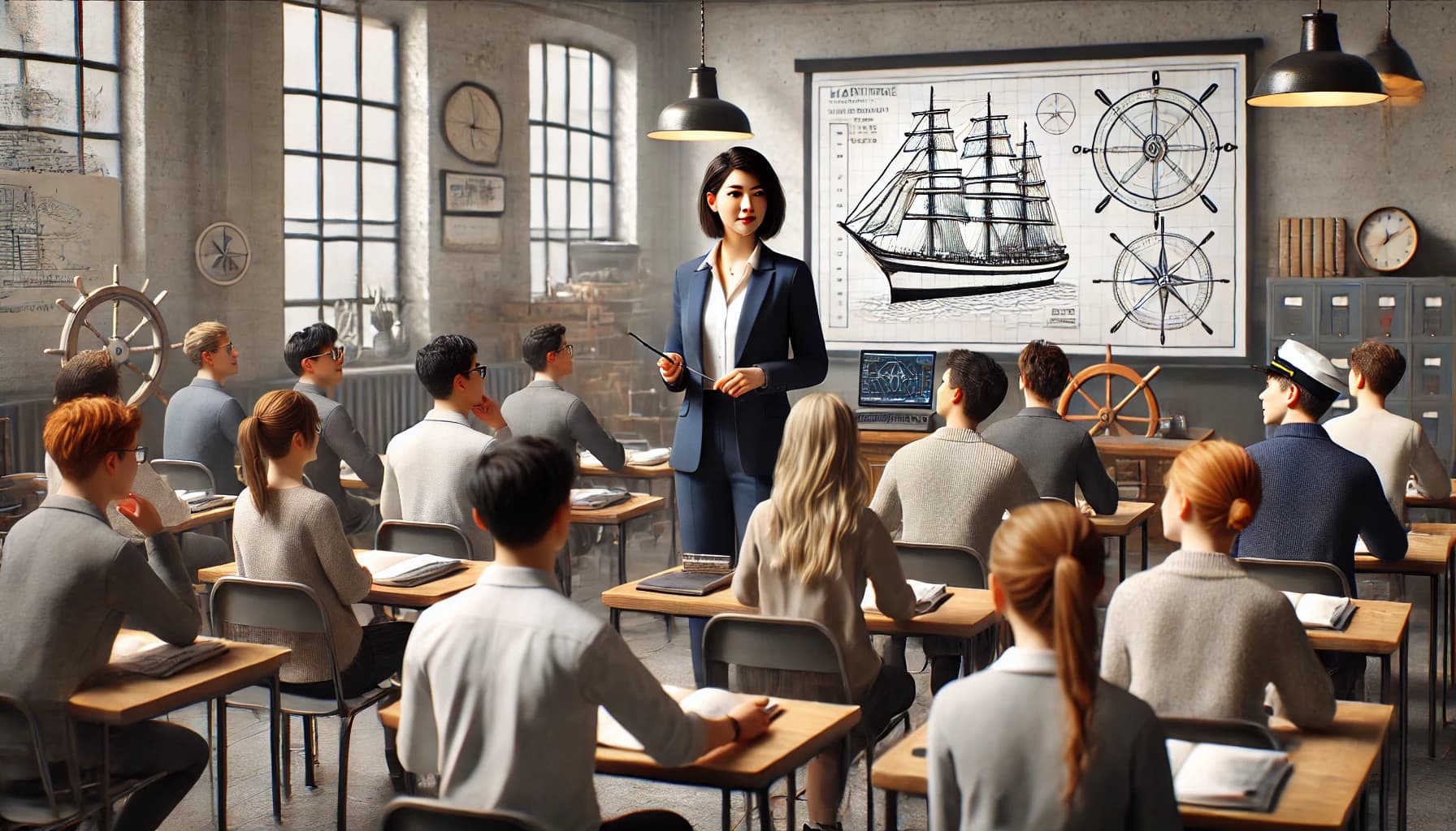 a female maritime lecturer instructing a class of students