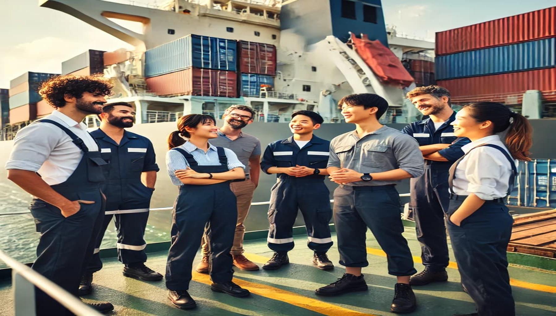 a group of people working in seafarer jobs on the deck of a cargo ship