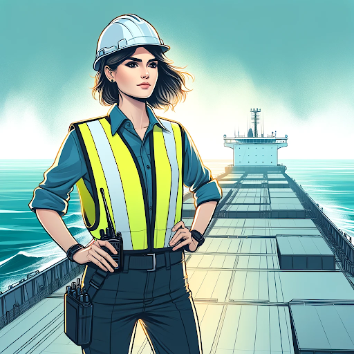 AI generated image of a female working in a seafarer job on the deck of a cargo ship