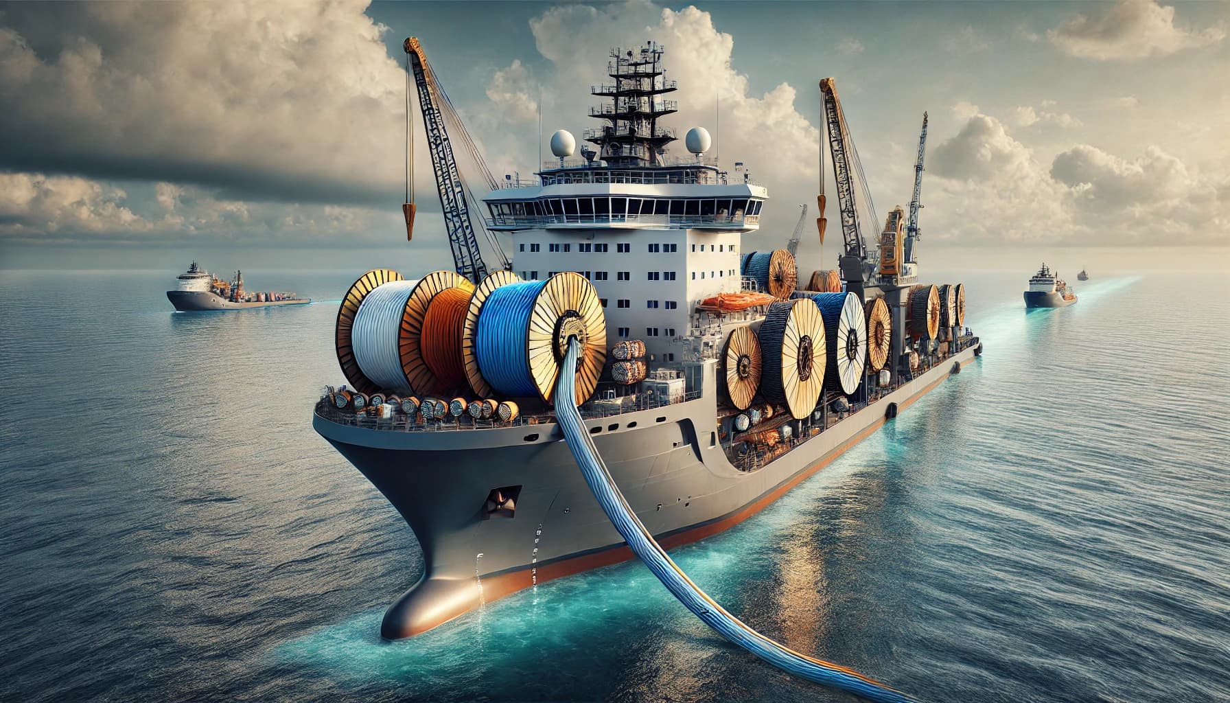 a cable laying ship showing the coils of cable