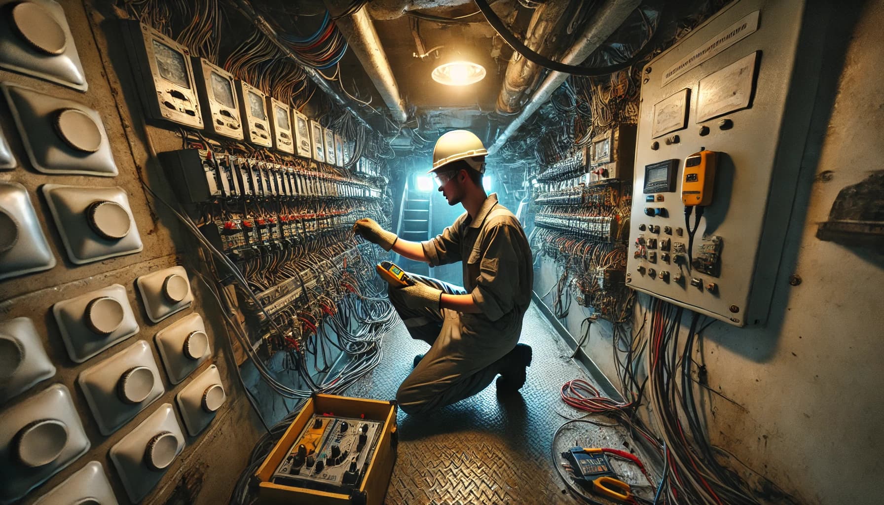 a young man working in a marine electrician job in a cramped space onboard a ship