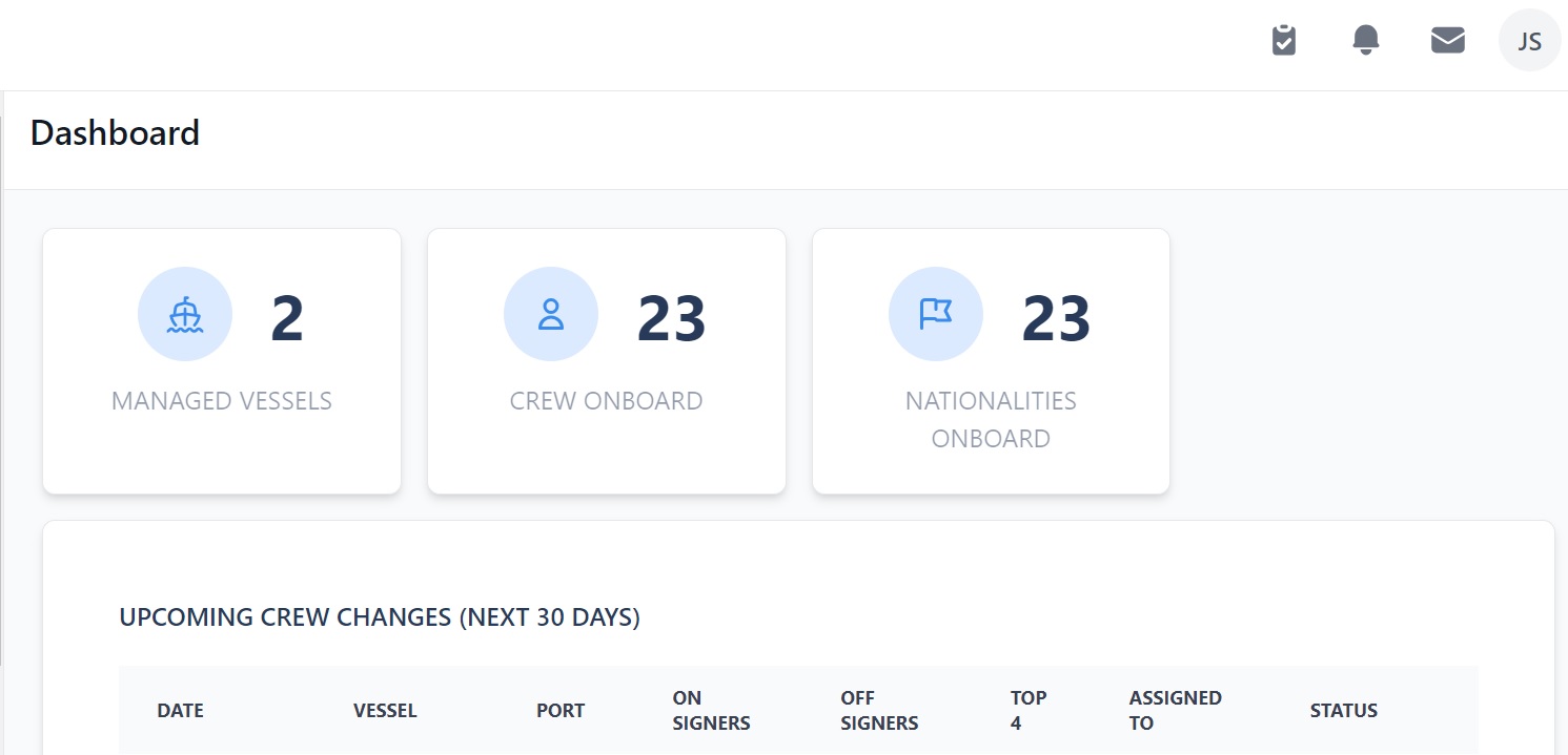 screenshot of Martide's maritime crew management software showing the dashboard