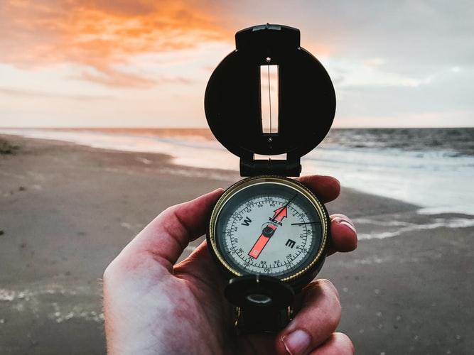 a hand holding a compass on a beach