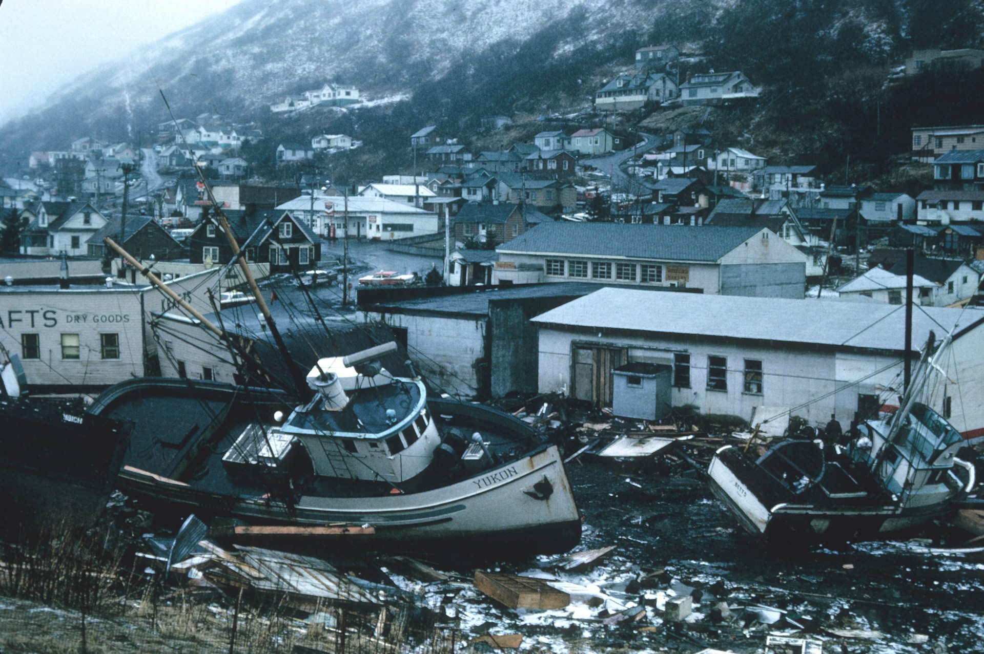 devastation after a tsunami in Alaska