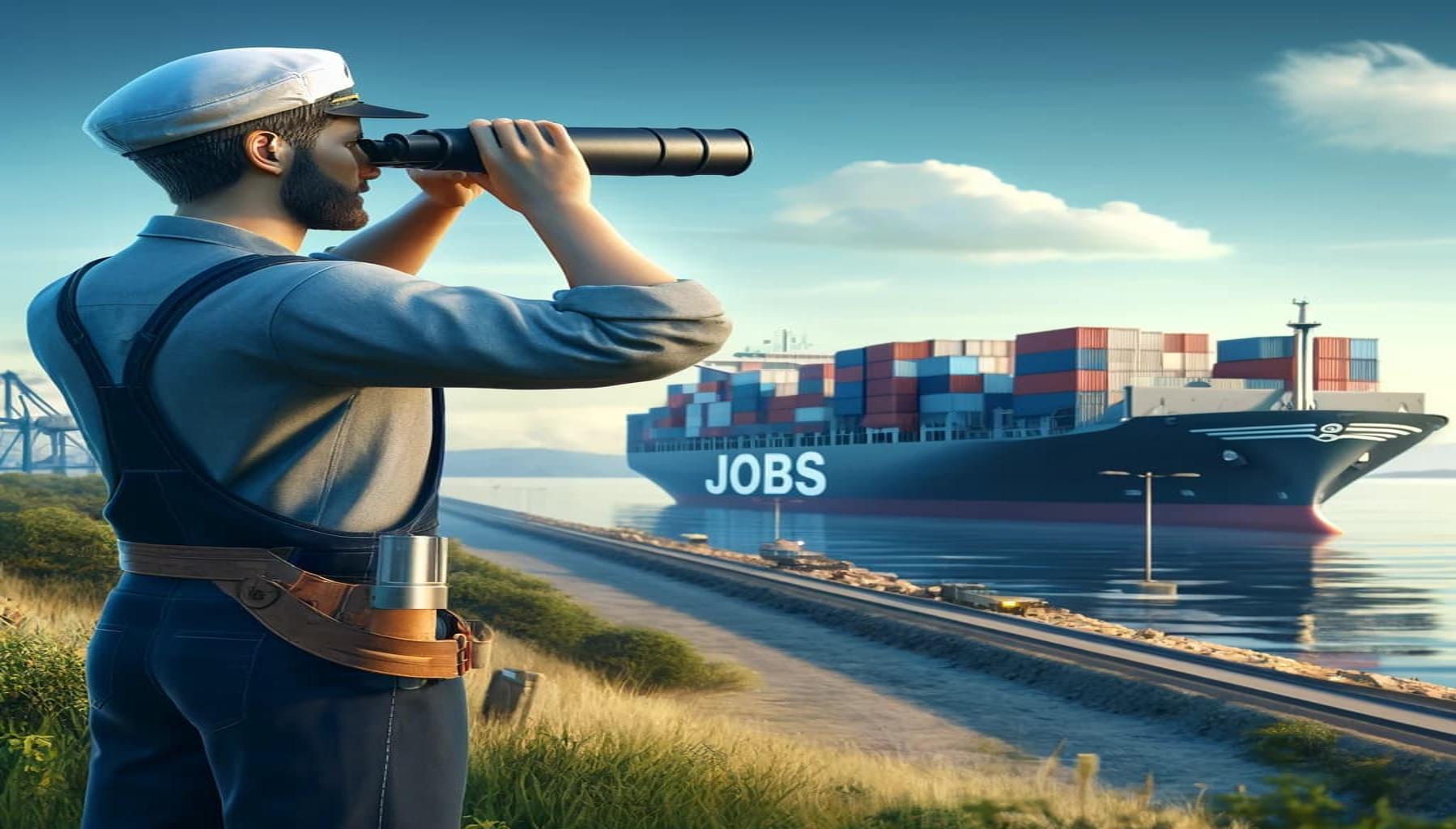 seafarer in land looking through a telescope at a container ship that has the word 'jobs' painted on its hull