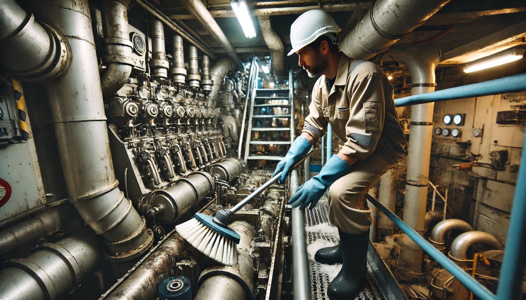 a man working in a motorman job on a ship cleaning machinery