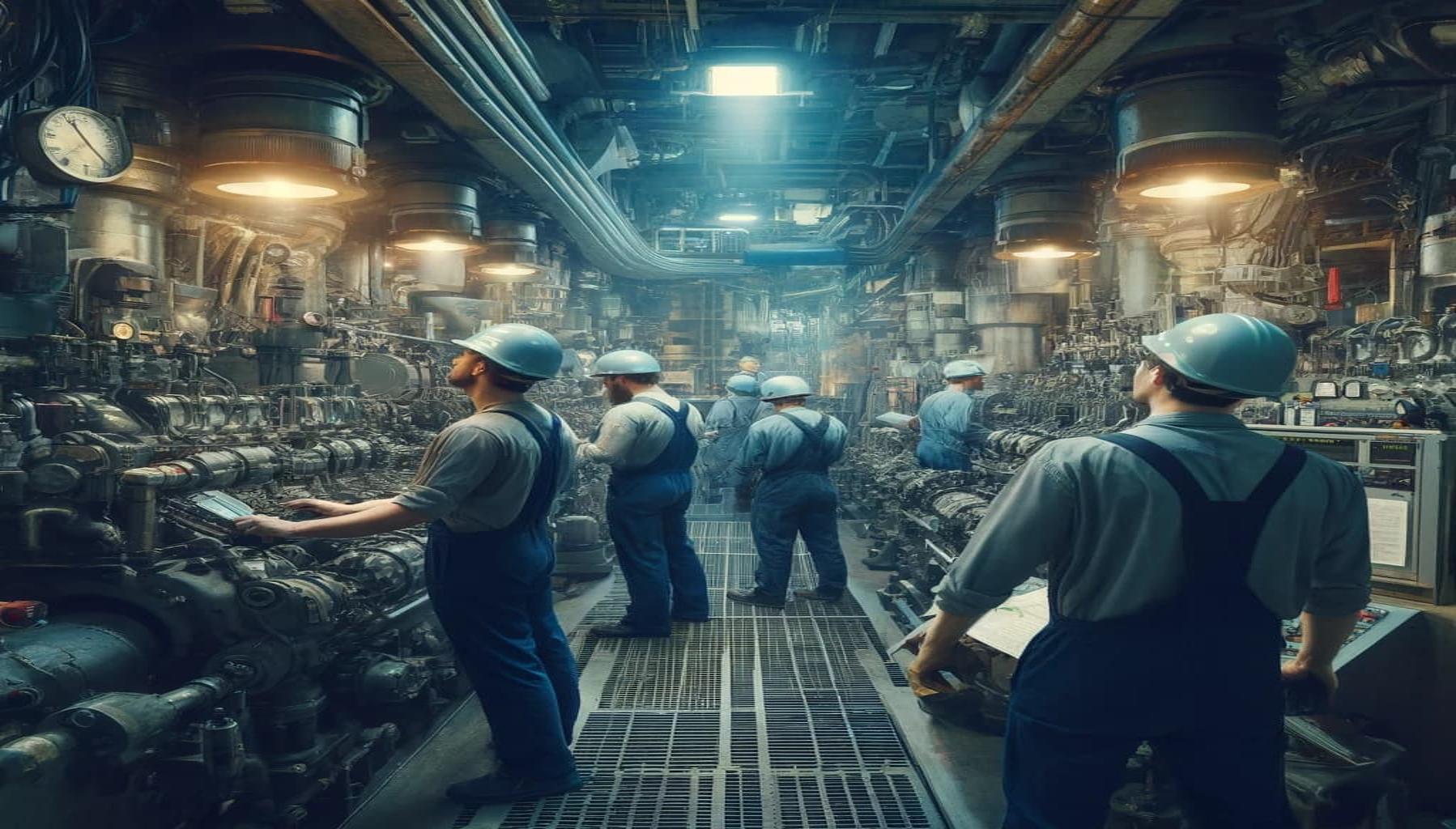 seafarers working in maritime jobs in a ship's engine room