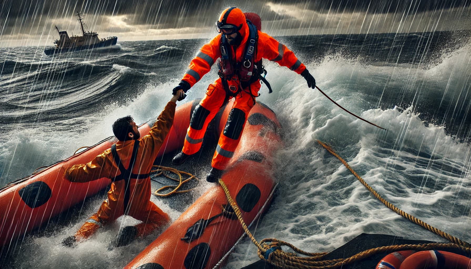 two men in a rescue dinghy in stormy weather