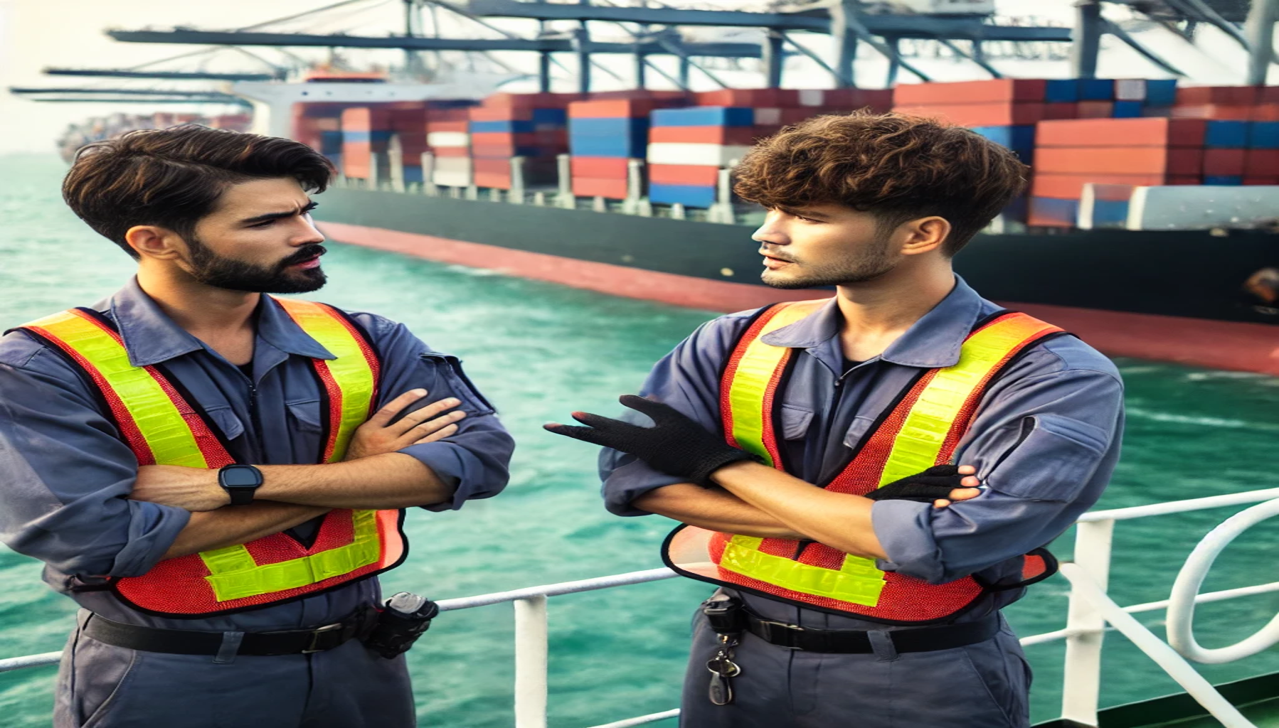 two men working in maritime jobs at sea having a disagreement