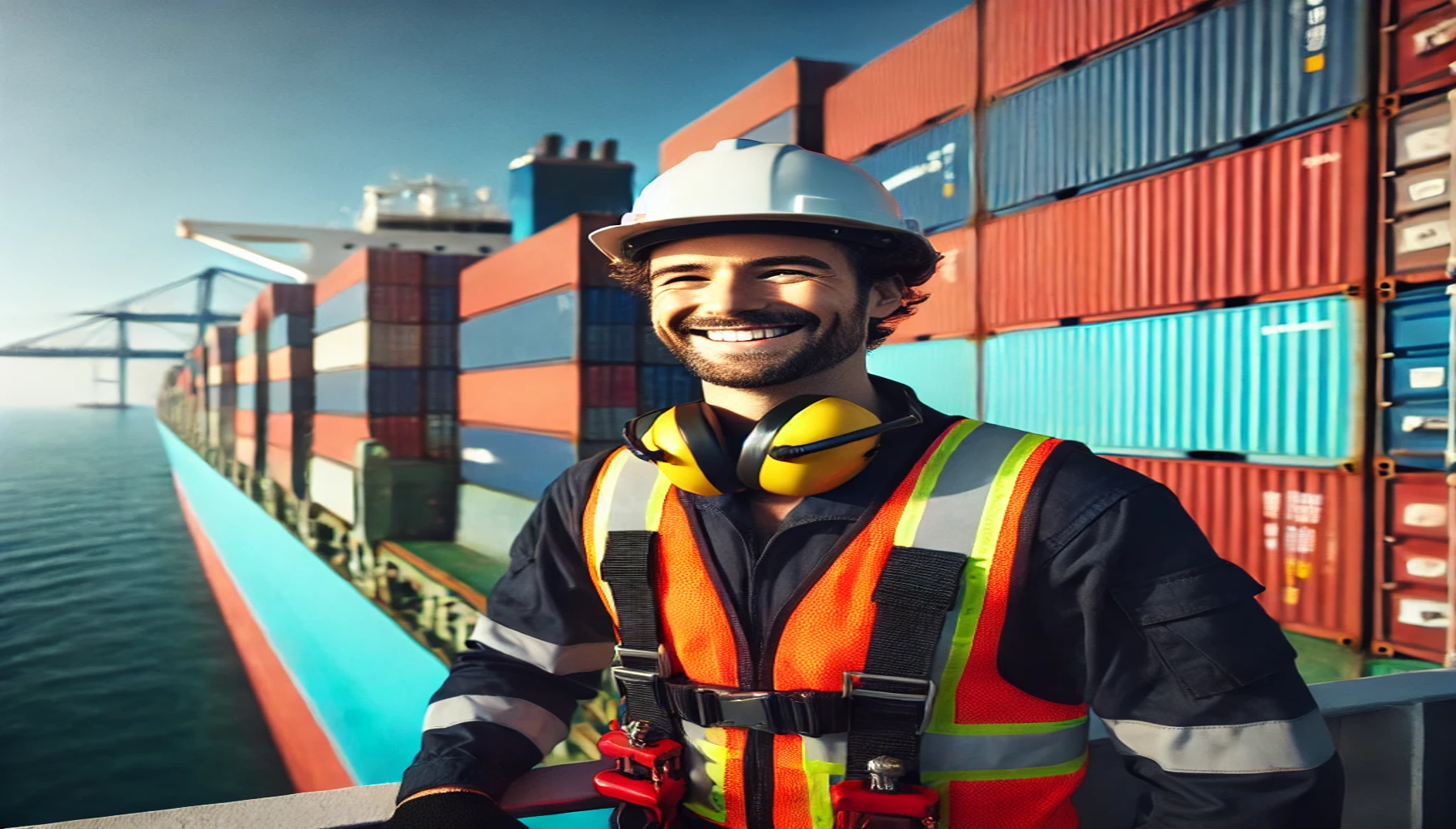 a happy seafarer working on a container ship