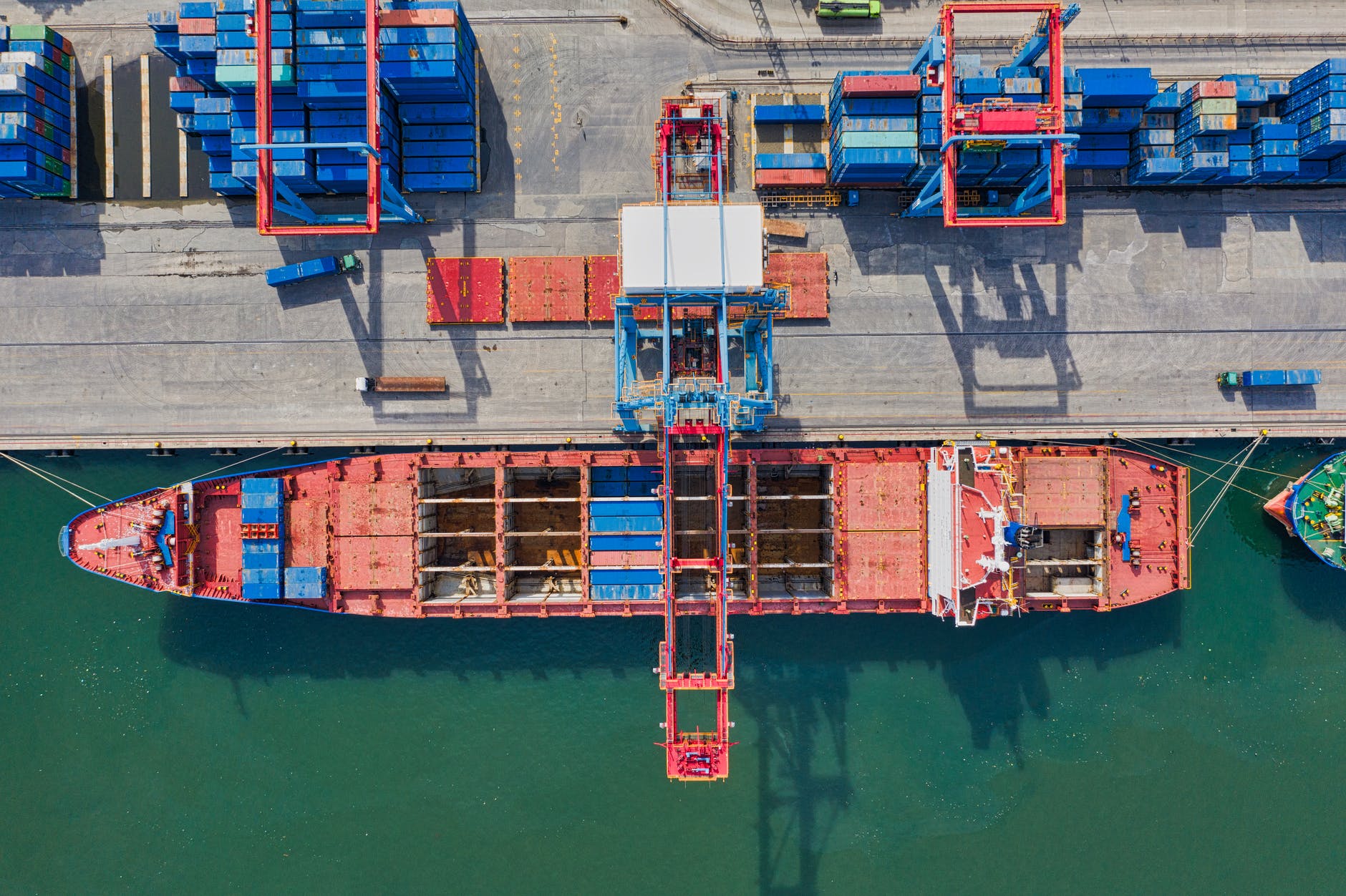 aerial view of a cargo ship in port