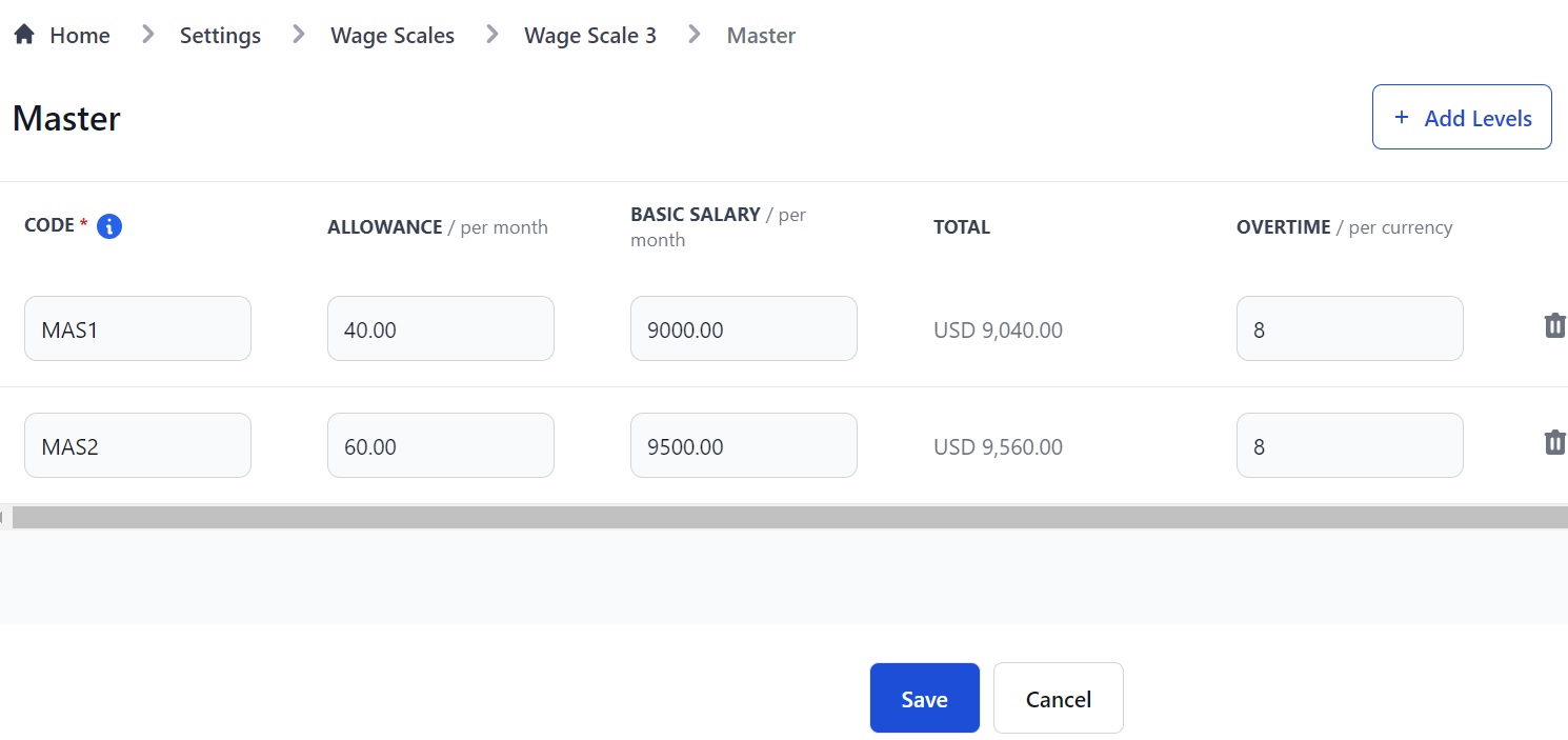 Screenshot of Martide's crew management system showing the Wage Scales page