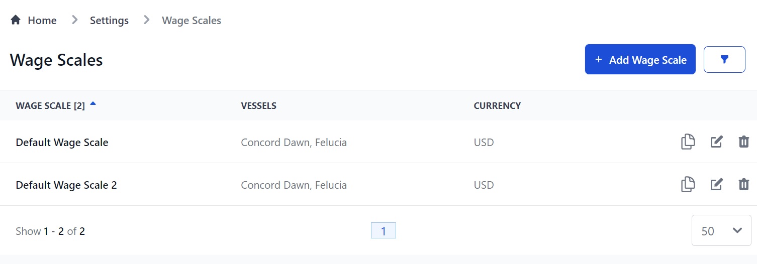 Screenshot of Martide's crew management system showing the Wage Scales page