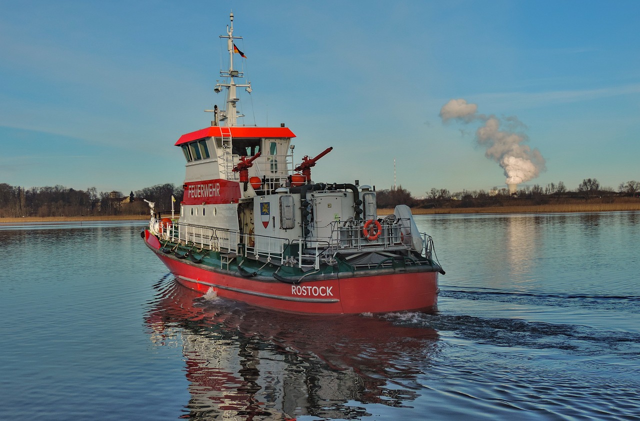 a fireboat called the Rostock on a lake