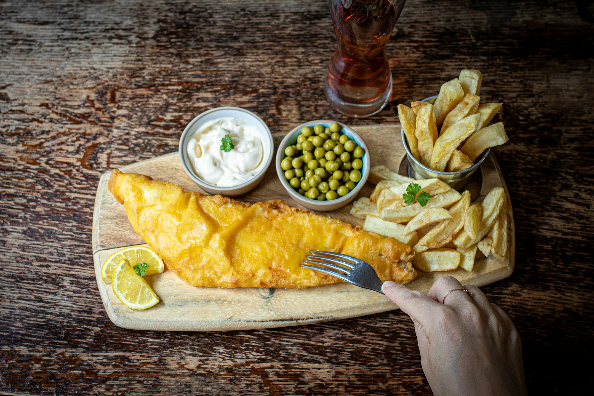 fish and chips on a platter