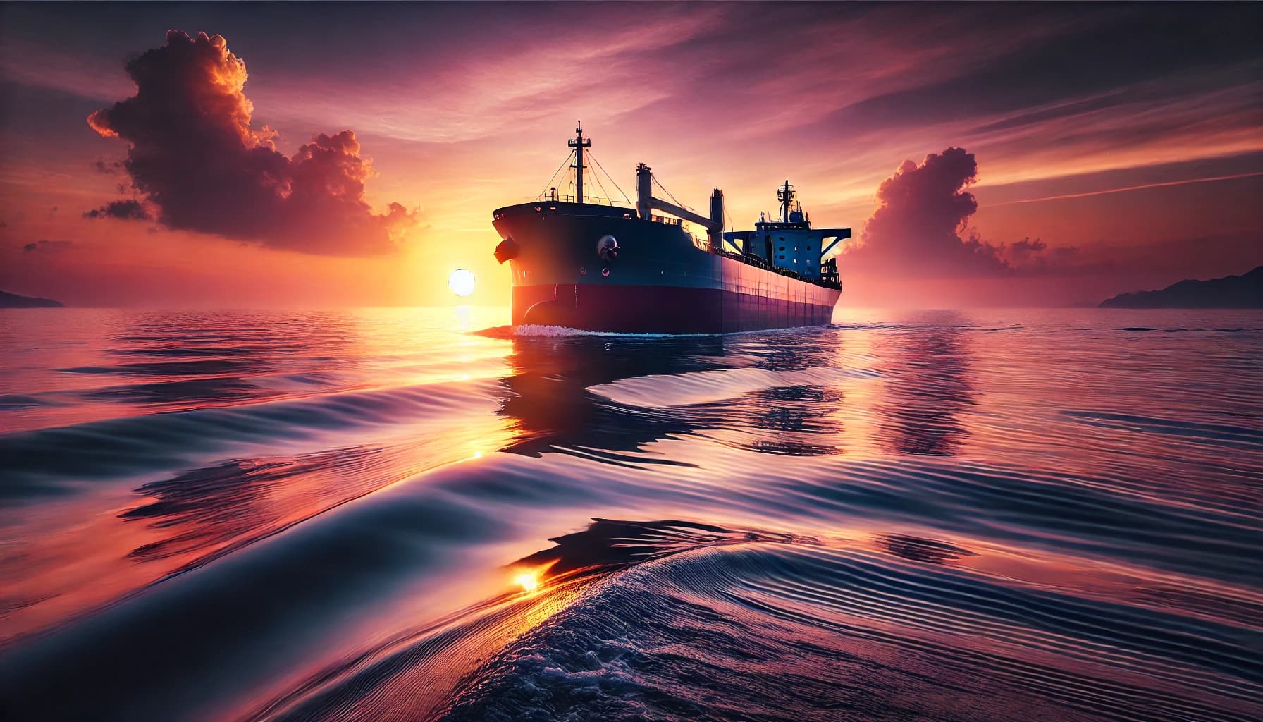 a bulk carrier under a pink sky and setting sun 