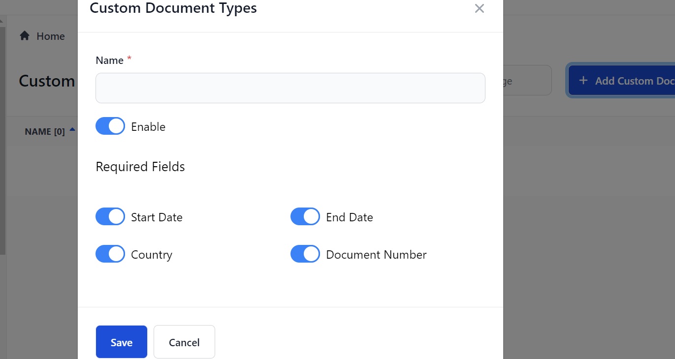 Screenshot of Martide showing the Custom Document Types feature