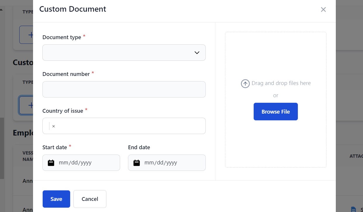 Screenshot of Martide's crewing system showing Custom Document Types on a seafarer's profile