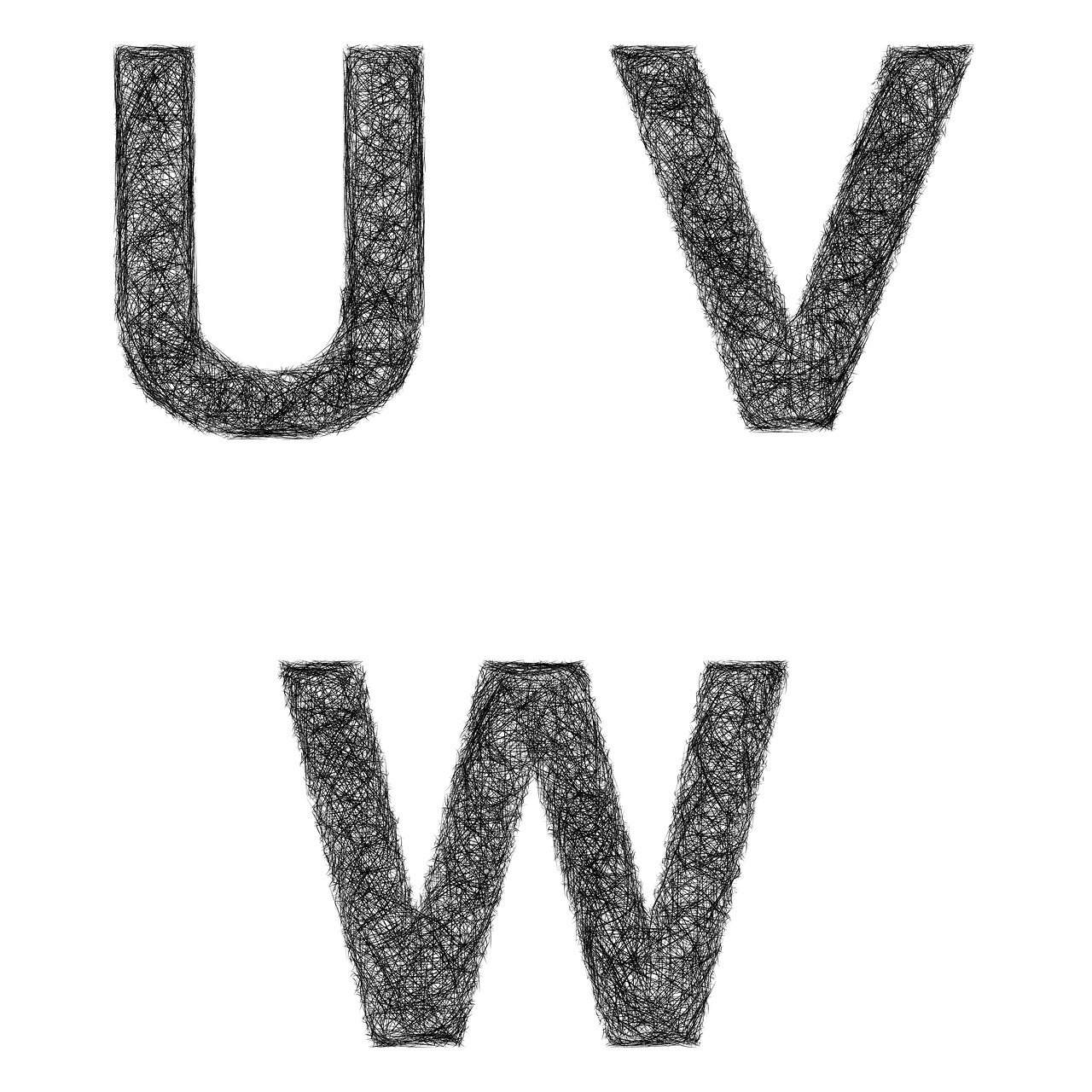 the letters U V and Q in pencil