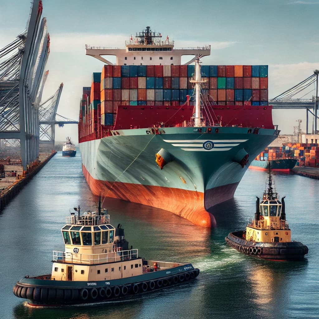 a container ship and tugboats