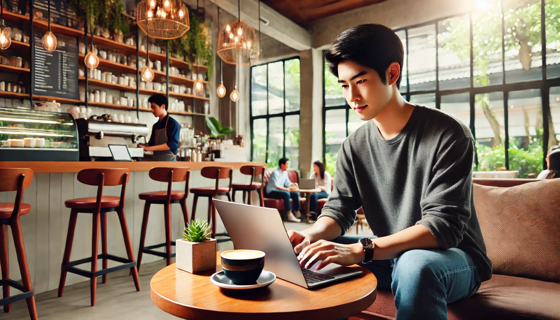 a man in a coffee shop using his laptop to research shore based maritime jobs 