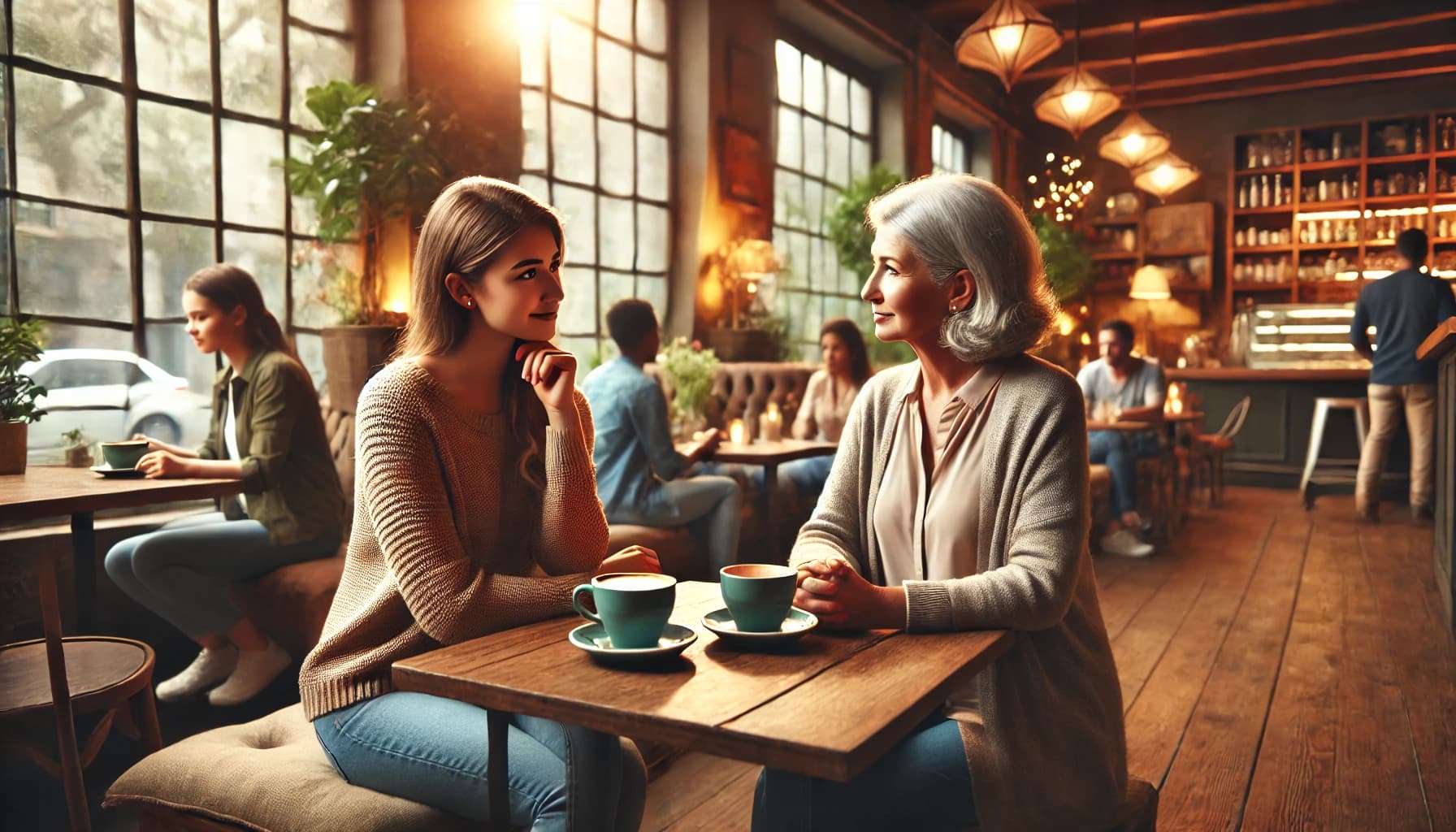 a young woman and older lady in a cafe 