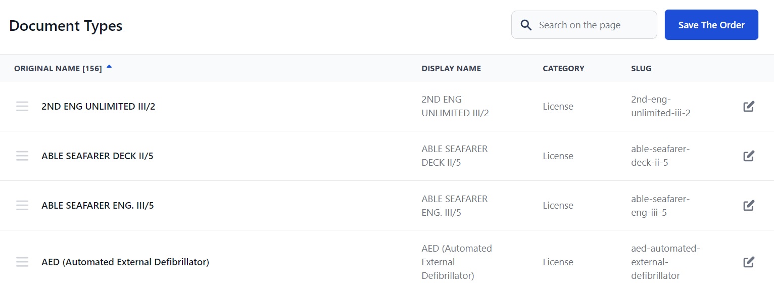 Screenshot of Martide's maritime crew management system showing the Document Types page 