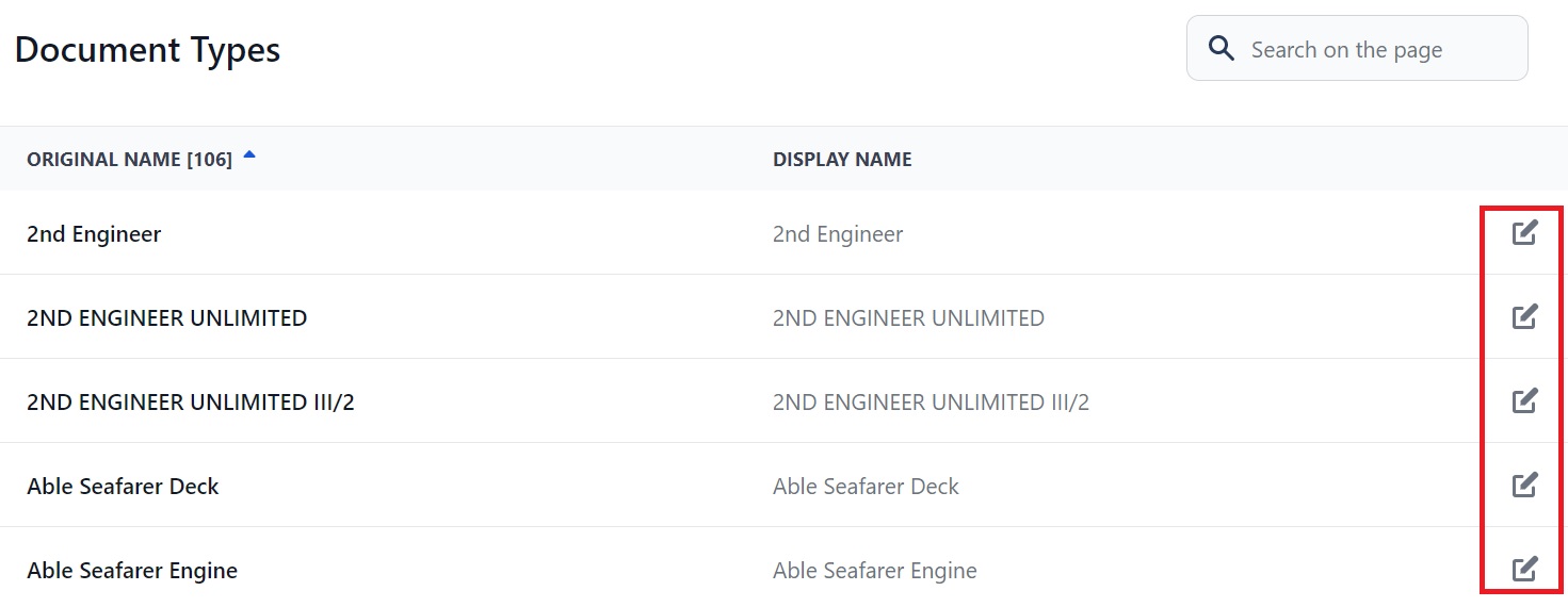 Screenshot of Martide's maritime crew management system showing the Document Types page 