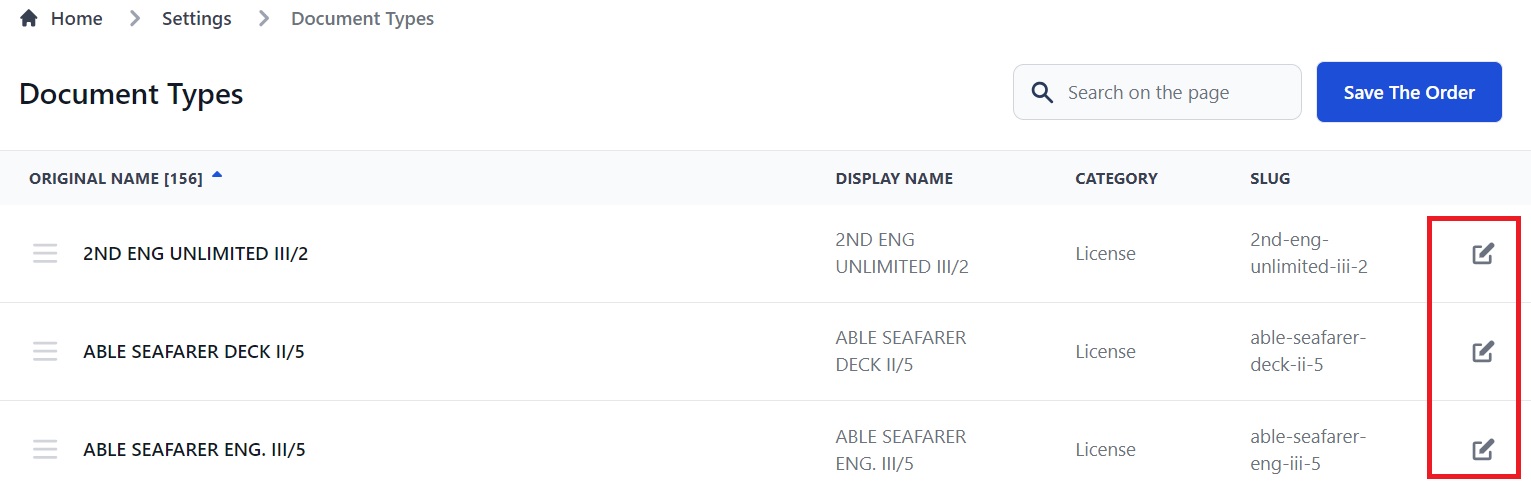 Screenshot of Martide's maritime crew management system showing the Document Types page 