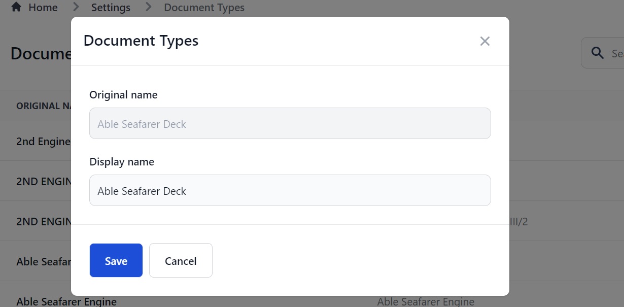 Screenshot of Martide's maritime crew management system showing the Document Types page 