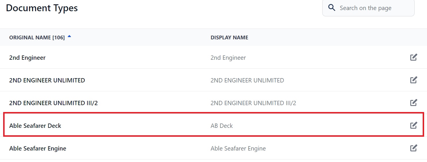 Screenshot of Martide's maritime crew management system showing the Document Types page 