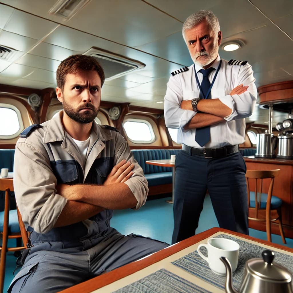 an angry seafarer sitting in the crew mess while the captain stands over him