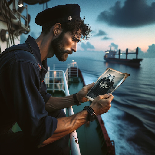 a seafarer leaning over the guard rail and looking sadly at a photo