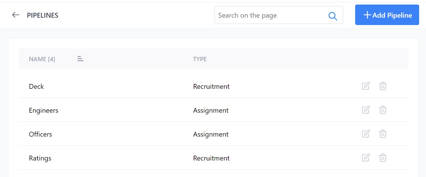 screenshot of Martide's maritime crew management system's pipelines feature