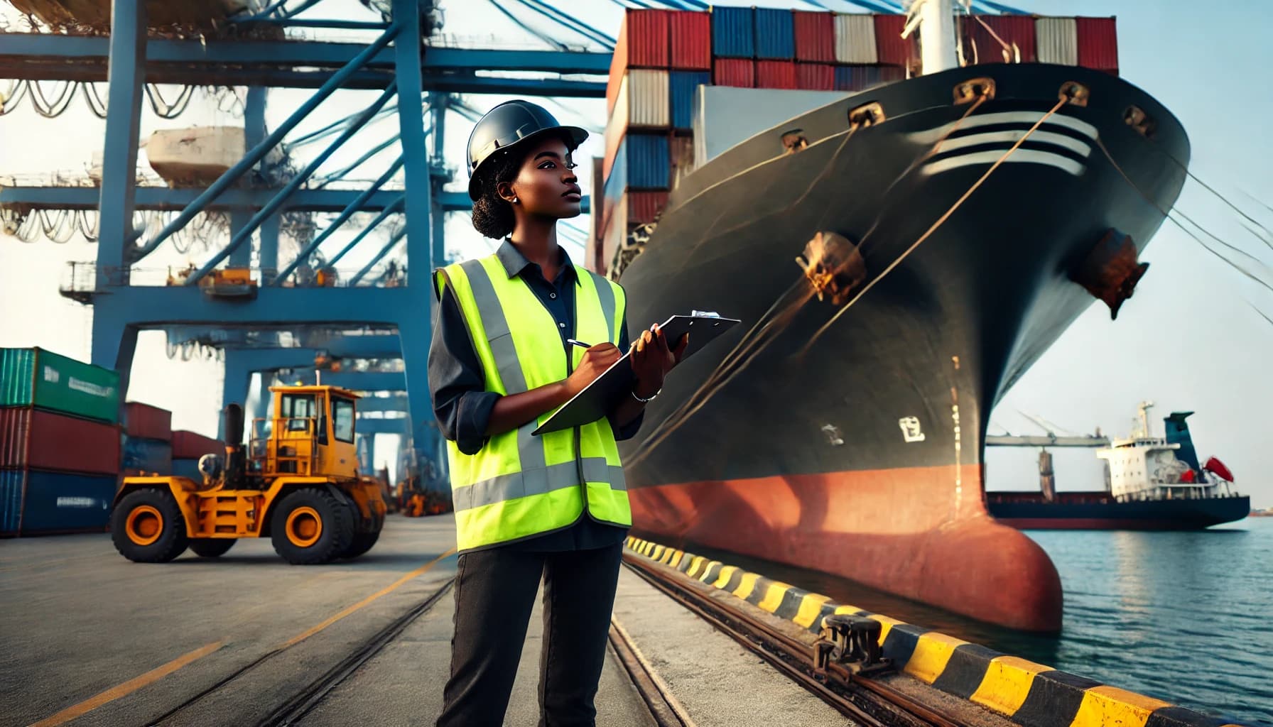 a woman working in a Marine Surveyor job holding a clipboard and looking at a cargo ship 