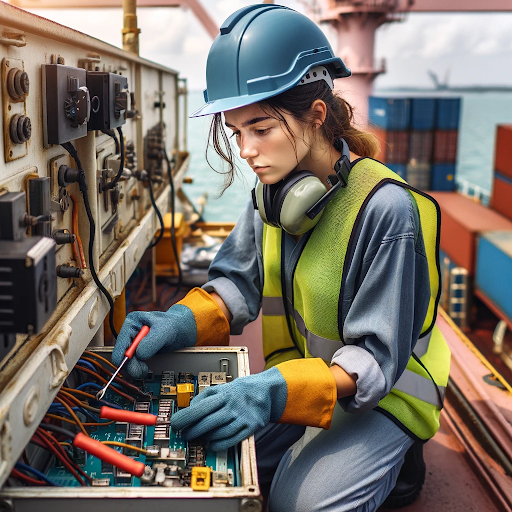 AI generated image of a young woman working in an Electrical cadet job on a cargo ship