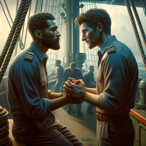 AI generated image of two men working in seafarer jobs looking at each other with empathy