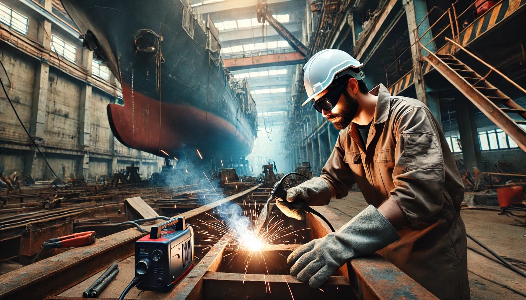 a man working in a shipfitter maritime job, welding steel