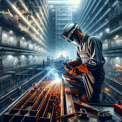 AI generated image of a person working in a ship fitter job welding