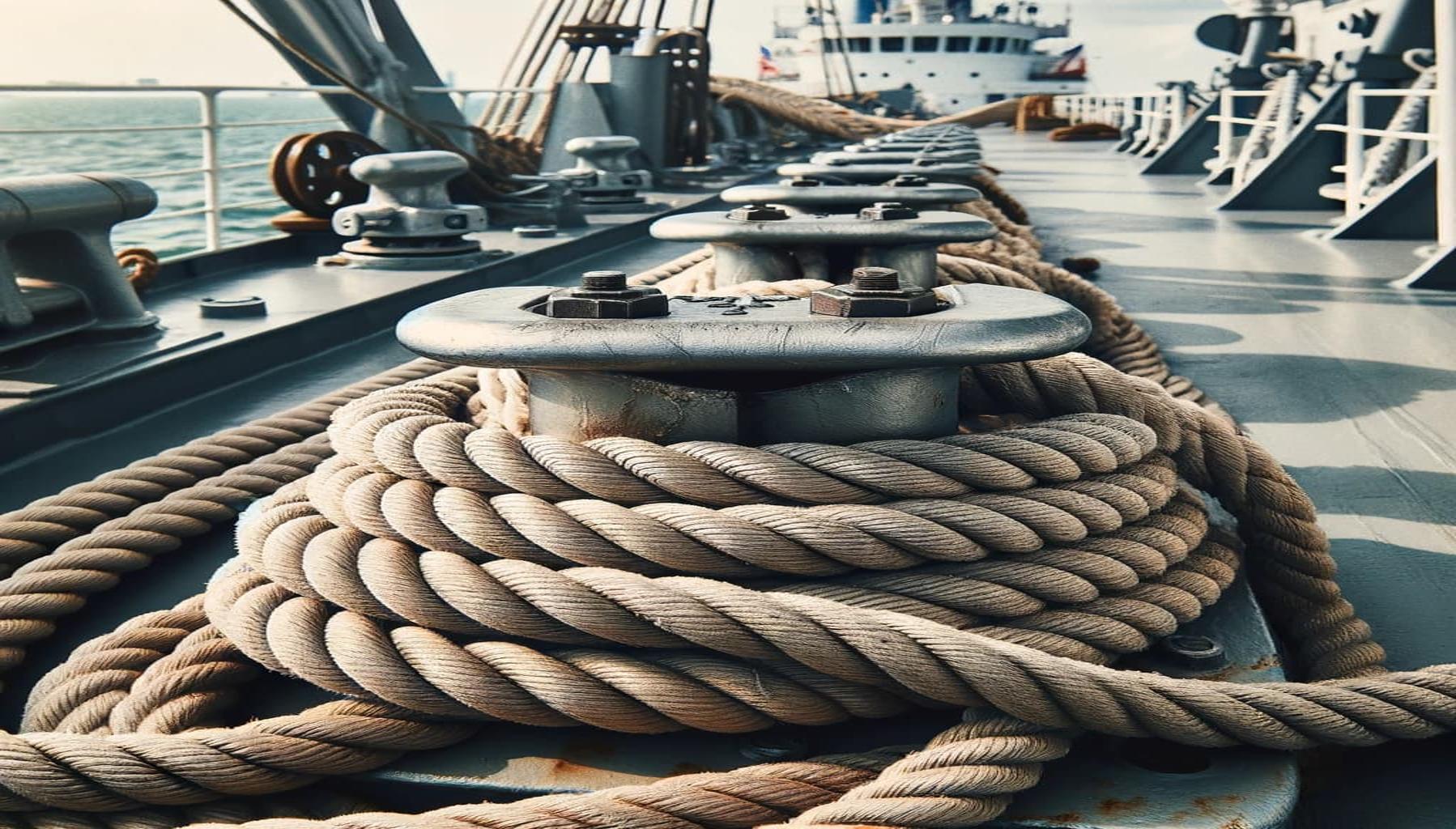 Mooring lines on the deck of a ship