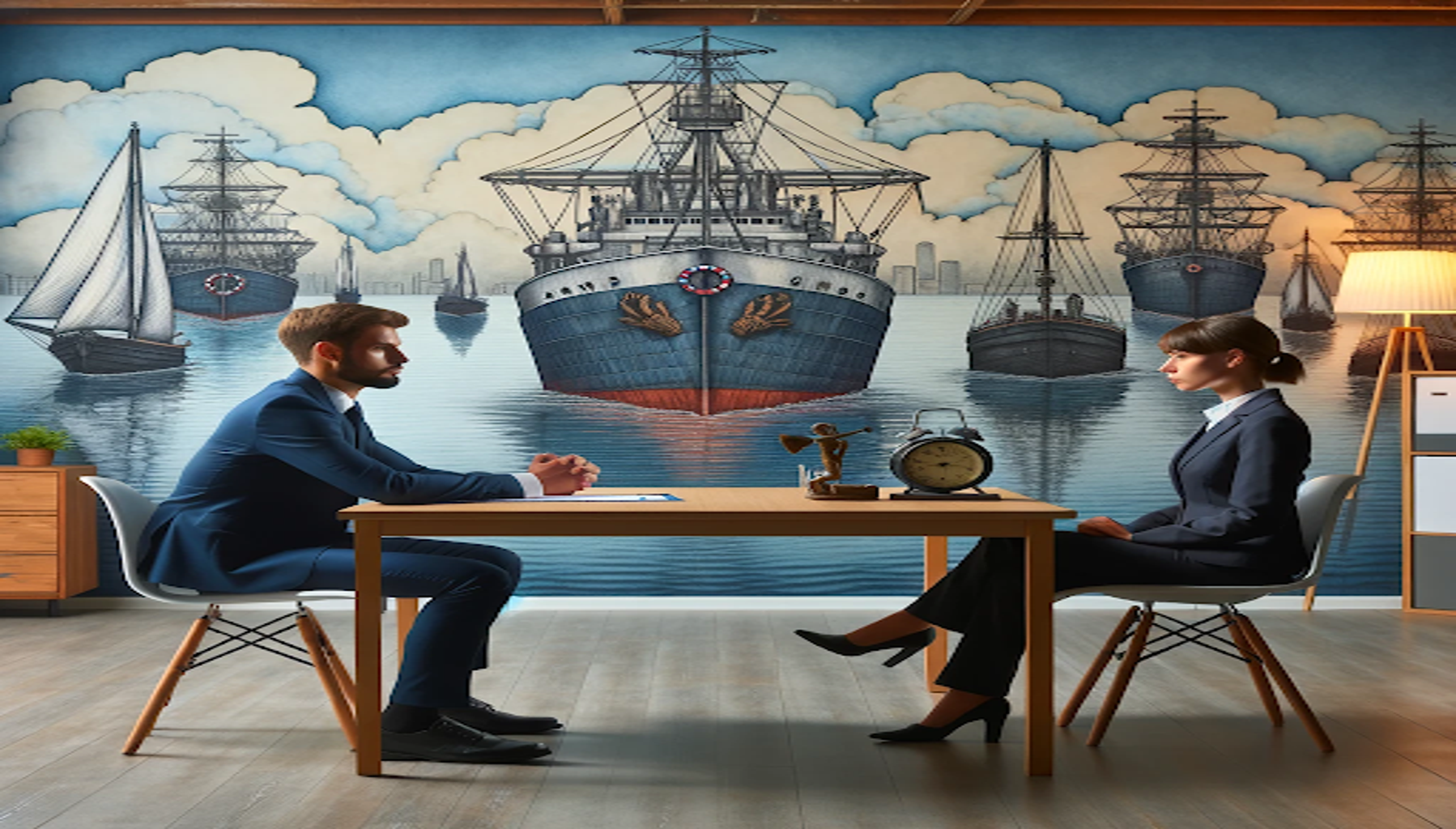 two people working in a shipping office staring at each other across a desk