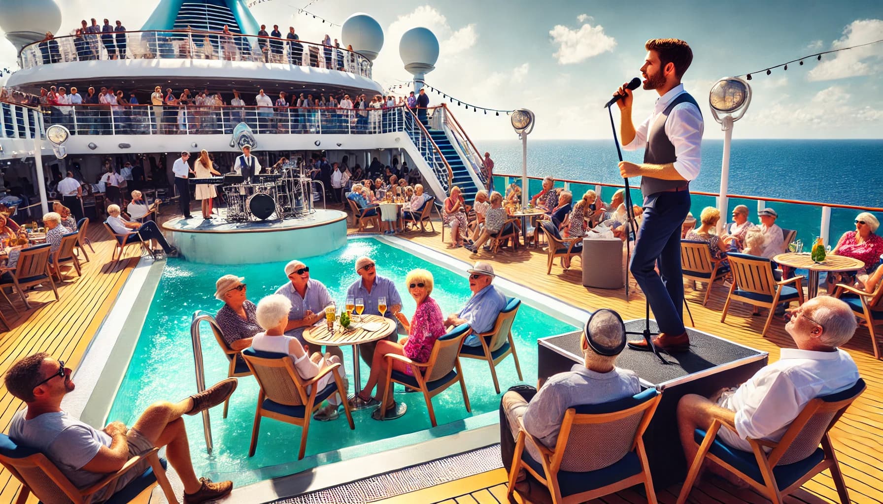 a man singing to guests on a cruise ship