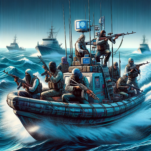 modern day pirates in small boats with machine guns