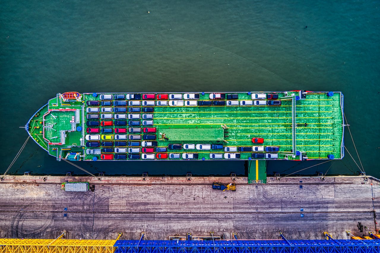aerial view of a car carrier ship