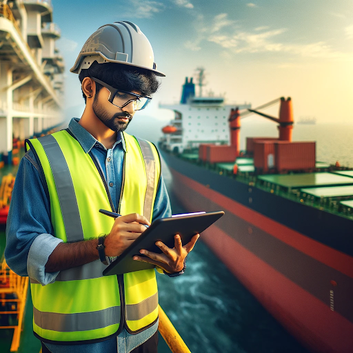 a seafarer on deck writing on a clipboard