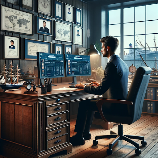 a man using two computer monitors as he uses a maritime crew management software solution