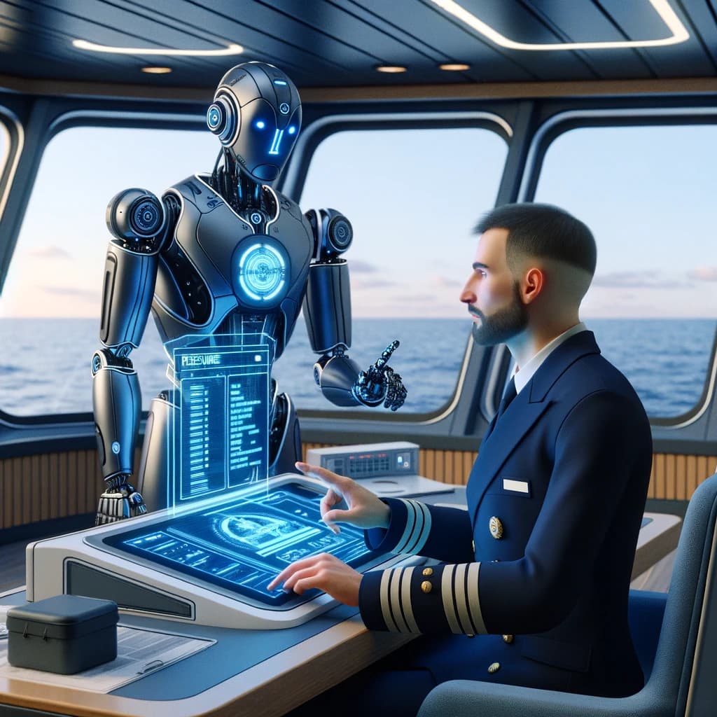 an officer working in a maritime job using AI while watched by a robot