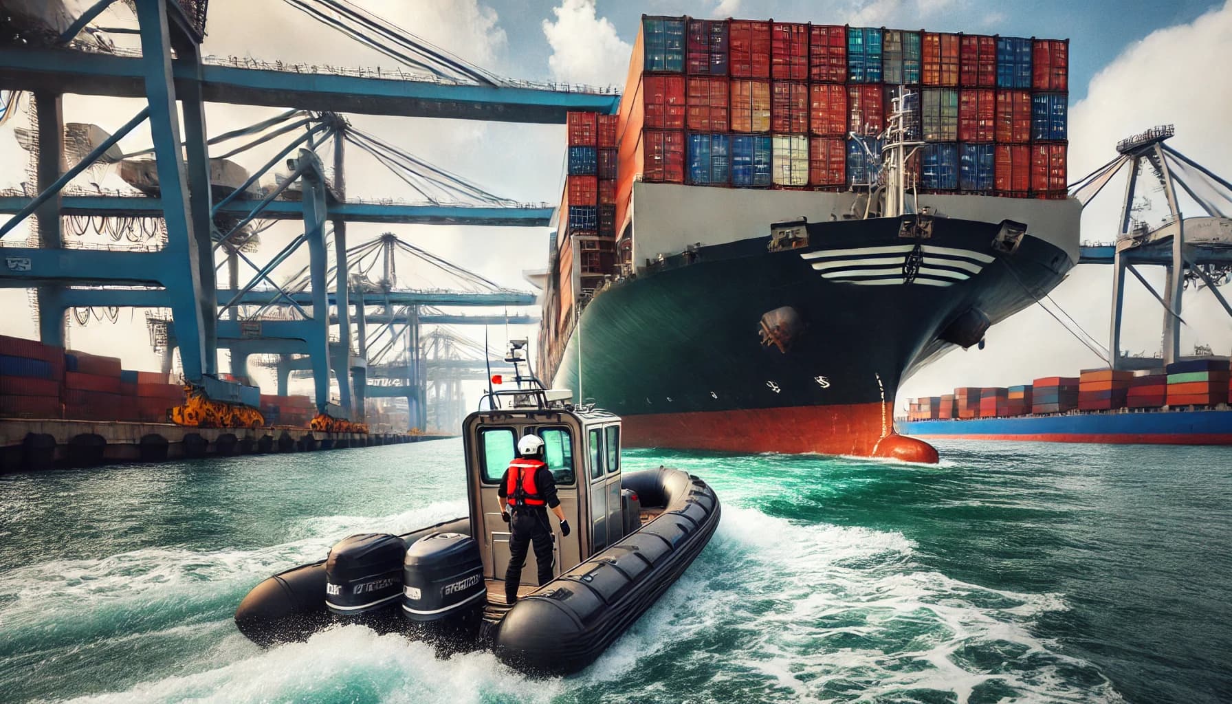 a marine pilot approaching a container ship in his smaller boat