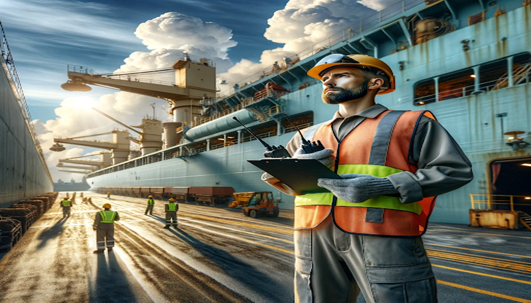 a man working in a maritime job standing on a dock and looking at a ship